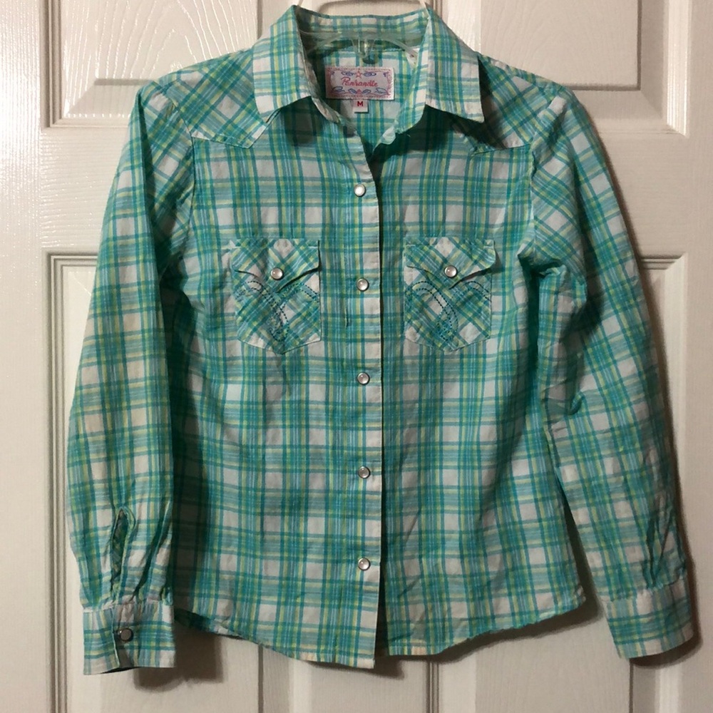 Girls Size Medium Panhandle Slim Pearl Snap Western Button Down Shirt Plaid